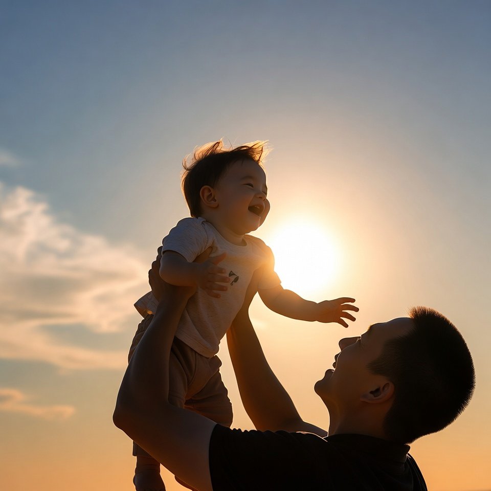 Father lifting a smiling child into the warm evening light